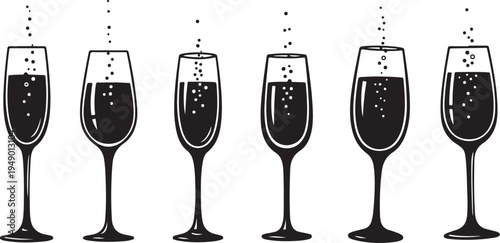 Champagne Glasses with Bubbles Rising in Black and White