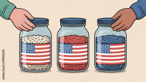 Diverse hands holding american flag jars filled with beans symbolizing unity and diversity