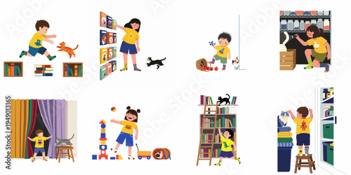 Collection of flat illustrations showing young children playing, searching, and interacting with cats in various indoor home environments.