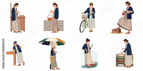 Set of rural woman characters selling fresh farm eggs, counting money, and tending to market stalls in a collection of flat illustrations.