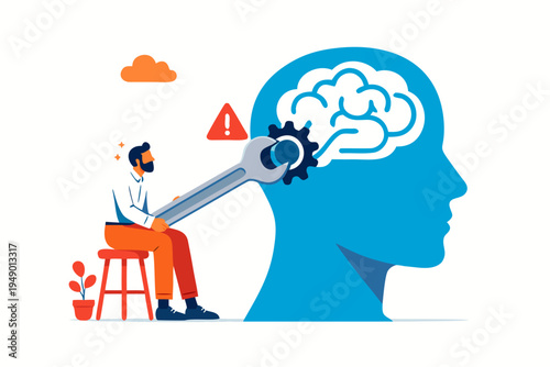 A man with a wrench adjusts a gear within a stylized human head, symbolizing mental health, problem-solving, or cognitive therapy. This flat design graphic is suitable for concepts of innovation