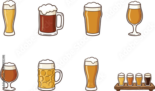 A set of eight cartoon beer glasses and mugs in various shapes and sizes filled with different types of beer