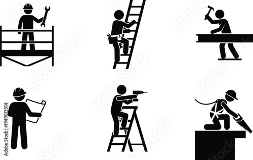 Industrial construction worker silhouettes set with engineer holding blueprint, builder on ladder, technician using drill, carpenter sawing, and maintenance worker icons