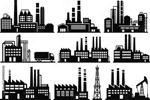 Industrial factory silhouette set featuring manufacturing plants power stations oil rigs and warehouses for global production energy industry and heavy engineering projects