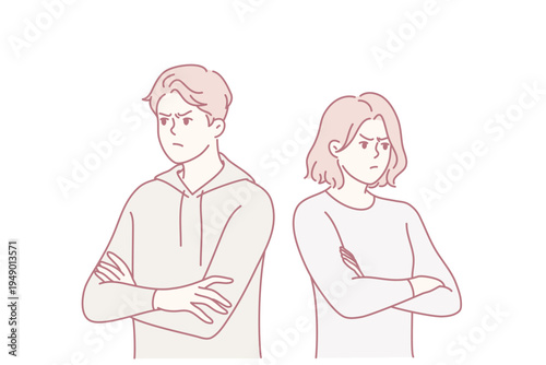 Man and woman stand in offended pose after quarrel or disagreement not wanting to communicate. Young family of guy and girl look in different directions with displeasure. Flat vector design
