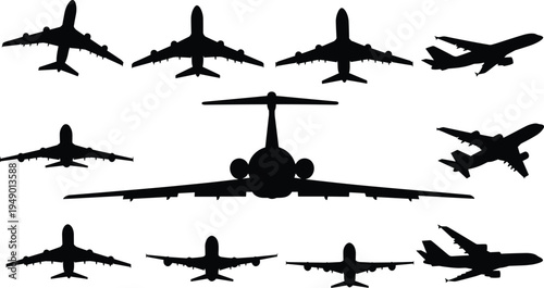 Airplane silhouettes, aircraft illustration, aviation design, jet planes, commercial airliner, flying vehicles, travel concept, transportation graphic, aviation industry, flight