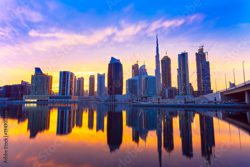 View on skyscrapers in modern center of Dubai at the sunset,Dubai,United Arab Emirates