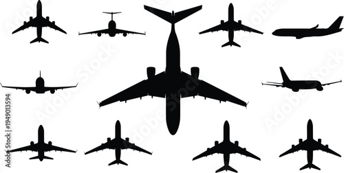 Airplane silhouettes, aircraft design, aviation illustration, jet planes, flying vehicles, commercial airliner, travel concept, transportation graphic, aviation industry, flight perspective