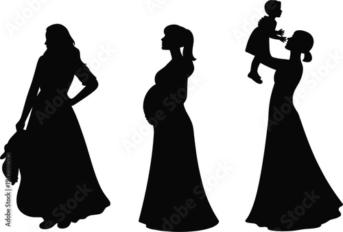 Maternity life cycle silhouette vector set, featuring woman, pregnant lady, and mother holding baby for motherhood concept