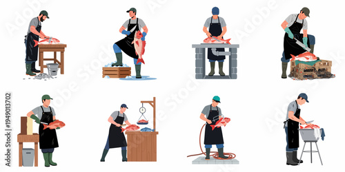 Set of flat vector illustrations depicting professional fishermen and fishmongers processing, cleaning, and weighing fresh red snapper fish in various stages.