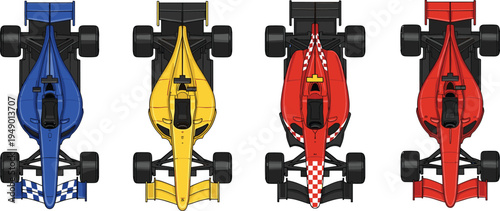Top-down view of four Formula 1 race cars with unique liveries and aerodynamic designs, ideal for motorsport themes, branding, and racing-related visuals.