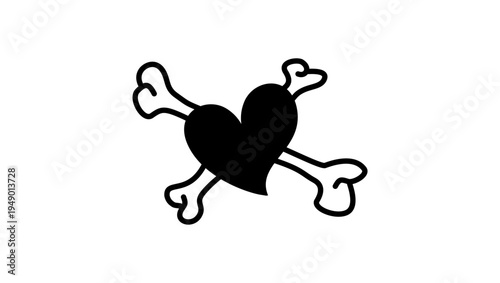 heart with crossbones, black isolated silhouette