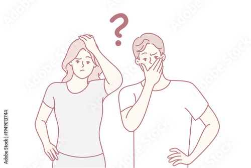 Thoughtful man and woman look forward embarrassedly touch mouth and head. Puzzled couple of guy and girl zoomers with question mark symbolizing uncertainty and lack of solution. Flat vector design