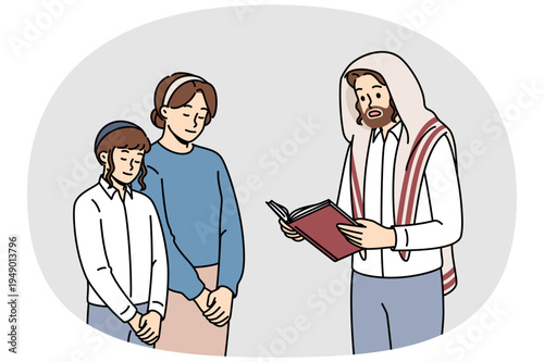 Religious jewish man reads torah to wife and son on eve of hanukkah or passover. Jewish family of father and mother together with child reading prayer and prophecies from holy book