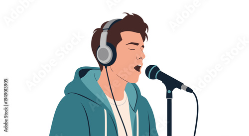 Man singing into microphone with headphones on, passionately performing in a recording studio