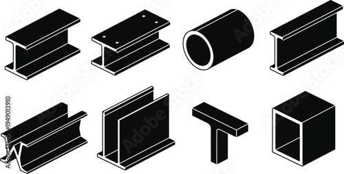 Industrial steel beams set with isometric metal girders iron profiles structural tubing and construction materials isolated on white background for engineering