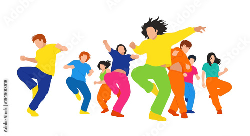 Group of people dancing together in colorful clothing on white background
