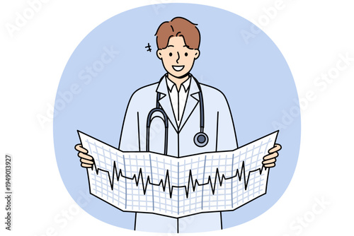 Man cardiologist holds result of ecg analysis and smiles, standing in white coat with stethoscope around neck. Cardiologist looks for symptoms of disease by observing rhythm of patient heartbeat