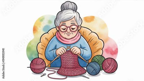 Elderly woman knitting red hat with colorful yarn balls