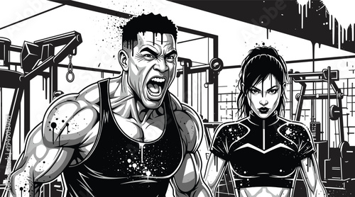 Intense black and white vector illustration of a strong man and woman working out in a gym with explosive energy.Intense black and white vector illustration of a strong man and woman working out in a 