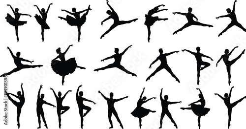 Ballet dancer silhouettes, elegant dance poses, classical ballet movements, graceful ballerina jumps, artistic choreography, black silhouette art, professional dance illustration