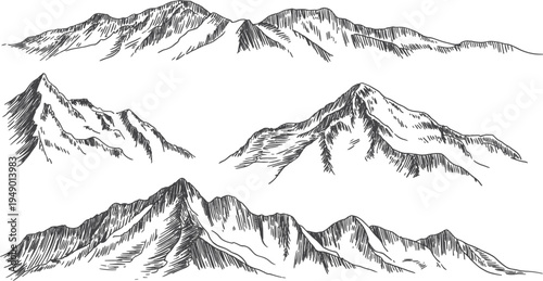 Hand drawn mountain range vector set, vintage sketch of rocky peaks and hills for outdoor adventure design