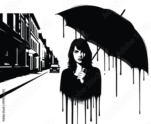 Melancholic girl standing with umbrella in rainy urban street, dripping ink style silhouette, moody city illustration conceptMelancholic girl standing with umbrella in rainy urban street, dripping ink