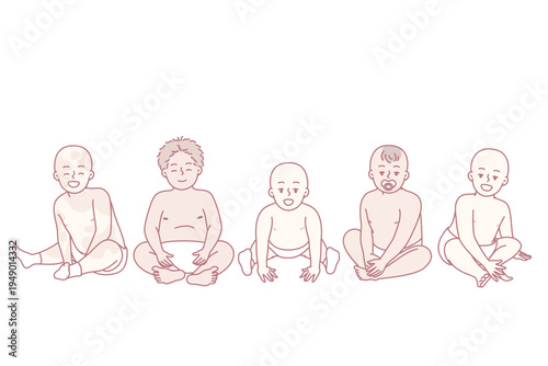 Preschool children of different races and nationalities sit side by side and look at screen. Diverse babies in diapers to advertise products for kids and young mothers. Flat vector illustration