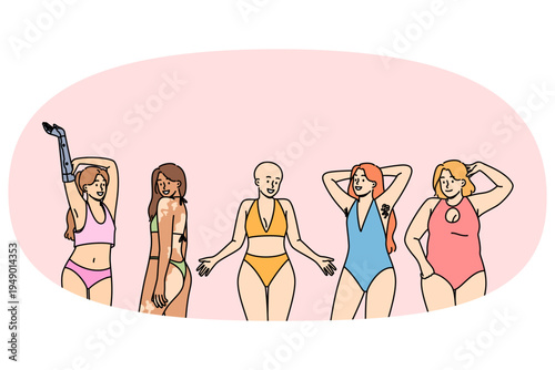 Variety women promote philosophy of body positivity while standing in underwear next to friends. Concept body positivity and lack of discrimination due to individual characteristics of figure and skin