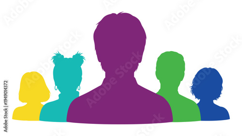 Vibrant silhouette of diverse group of people in various colors representing unity and individuality in a simple yet powerful graphic design
