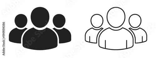People icons representing team members and group communication, displayed as solid black silhouettes and linear outlines on a plain white background