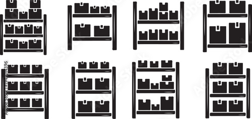 Various black silhouettes of shelves and storage units displayed