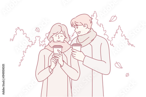 Man and woman in warm clothes walking in autumn weather and drinking hot coffee smiling. Happy boyfriend and girlfriend spend date outdoors relaxing on weekend in city park. Flat vector illustration