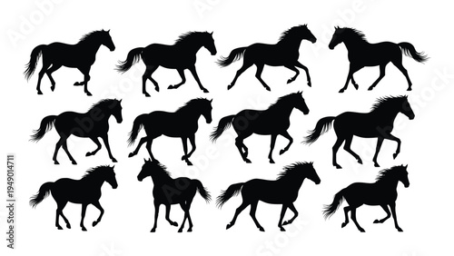 Detailed analysis of horse silhouettes in various running postures with keywords and descriptions