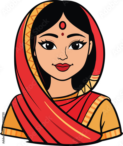 Cartoon of a smiling Indian woman wearing a red and yellow sari with a bindi on her forehead