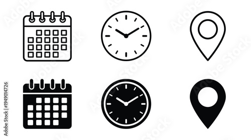 Calendar clock and location pin icons representing scheduling, time, and mapping navigation set against a clean plain white background for interface use