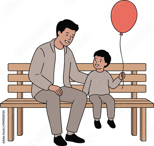 Father and son sitting on a wooden park bench with the son holding a red balloon and both smiling
