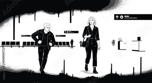 People walking through a modern airport terminal or transit station in a high contrast black and white vector.People walking through a modern airport terminal or transit station in a high contrast bla