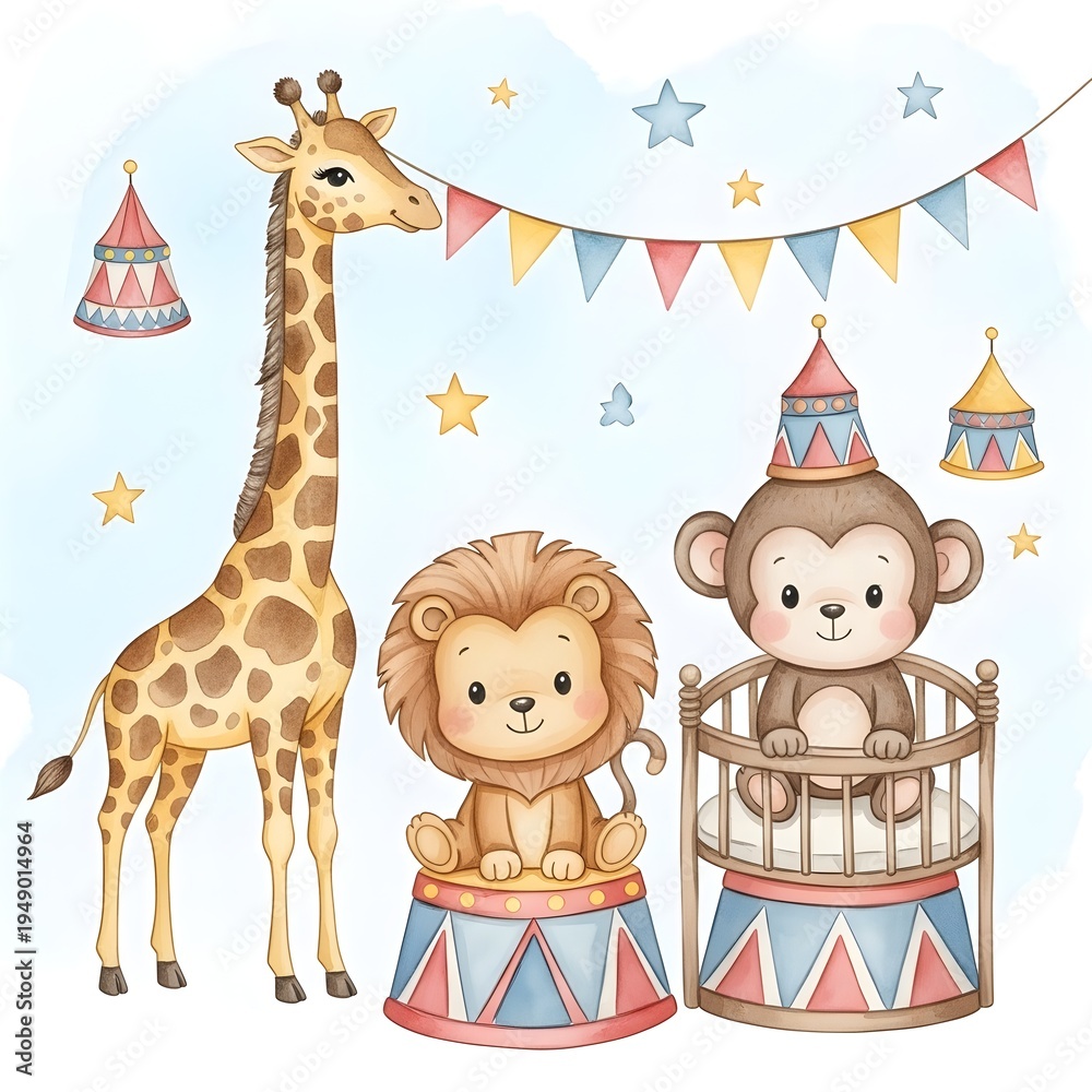 Fototapeta premium Watercolor Circus Animals Illustration with Giraffe and Lion, Cute Baby Monkey Nursery Party Art.