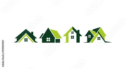A row of stylized green and yellow houses on a white background