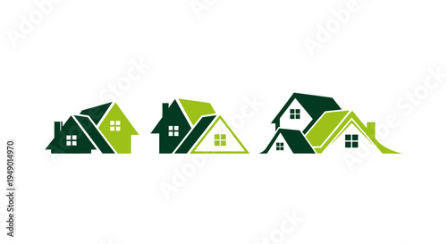 A group of green and white houses with triangular roofs