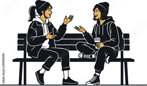 Two Young Women in Casual Black Outfits Talking on a Bench with Coffee Cup and Backpack two women friends