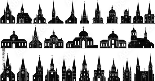 Black church silhouette collection, religious architecture vector, christian cathedral illustration, gothic chapel design, steeple dome cross, sacred landmark art, worship building set