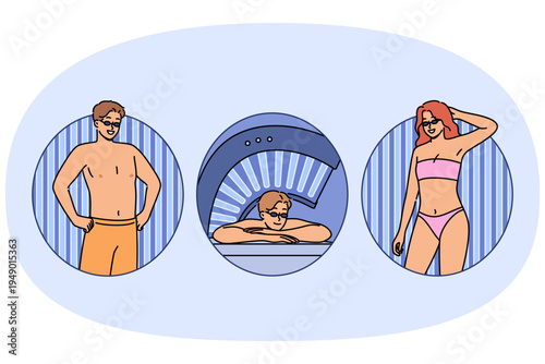 People sunbathe in solarium, standing or lying among glowing blue lamps that allow them to give bodies light tan. Visitors to solarium in SPA or fitness center enjoy healing procedure