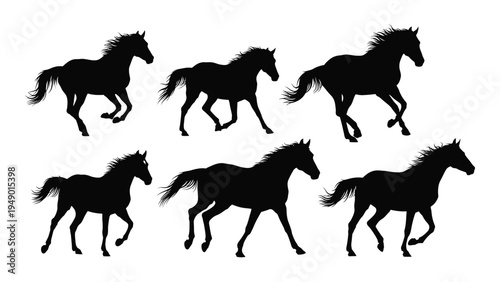A beautiful artistic illustration of six black horse silhouettes running freely in a horizontal sequence on a white background, showcasing their dynamic movements and elegant beauty.