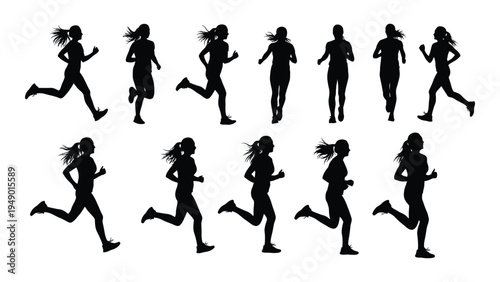 Collection of silhouette images of women and men running in different poses and running styles on a white background for fitness and sports illustrations
