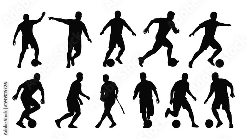 Collection of dynamic soccer player silhouettes in various actions and poses on white background for sports and football related designs