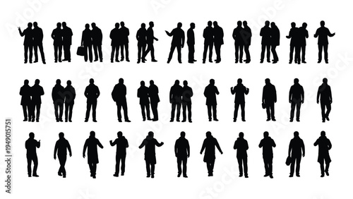 Collection of diverse human silhouettes in various poses and occupations