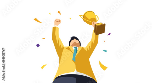 Man celebrating with trophy in hand and confetti around, triumph and joy, bright and vibrant atmosphere