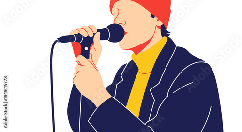 Man singing into a microphone with passion and energy on a white background